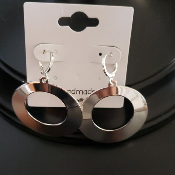 Women 14k Silver Plated Geometric Round Dangle High Polished Surface Earrings - Picture 7 of 9